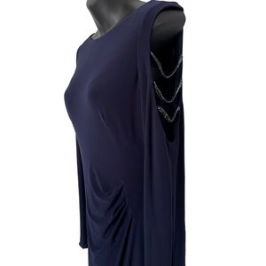 Ralph Lauren Navy Knit Embellished Long Sleeves Ruched Waist Evening Gown Size 8
